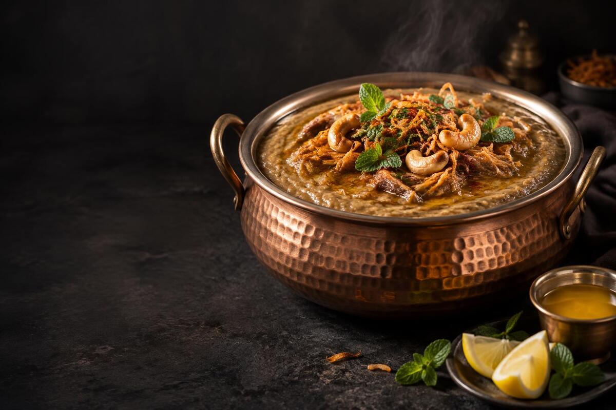 Saffron haleem in a hammered copper handi, garnished with cashews, crisp birista, mint and golden ghee